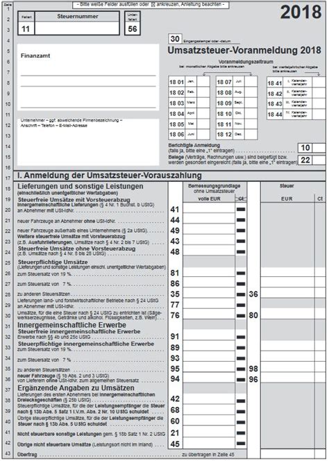 Bestandteile eines Umsatzsteuer-Voranmeldung Formulars 2022